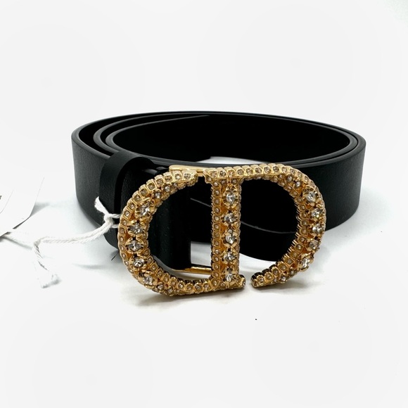 NEW Christian Dior Black Gold Crystal CD Montaigne Logo Leather Belt 27 mm - Picture 1 of 9